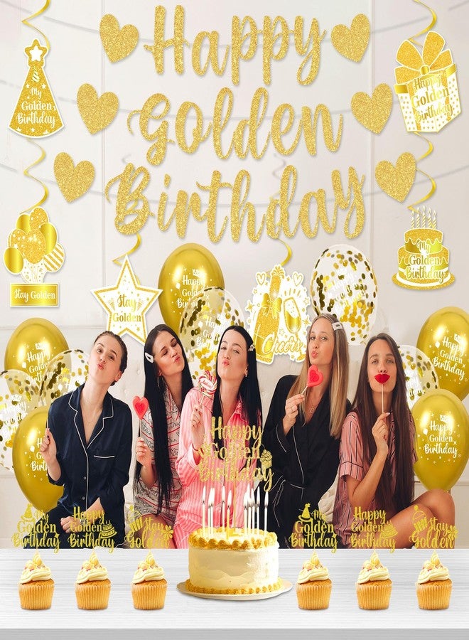 Woosytoo 32 Pcs Happy Golden Birthday Party Decorations Banner Gold Glitter Happy Golden Birthday Banner Hanging Swirls Balloons Cake Topper for Women Men Girls Boys Gold Bday Party Decor Supplies - Image 5